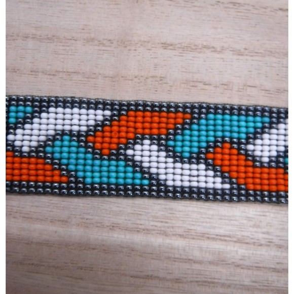 Loom Beaded Bracelet Orange, White & Teal w/ Vegan Leather - Picture 3 of 4